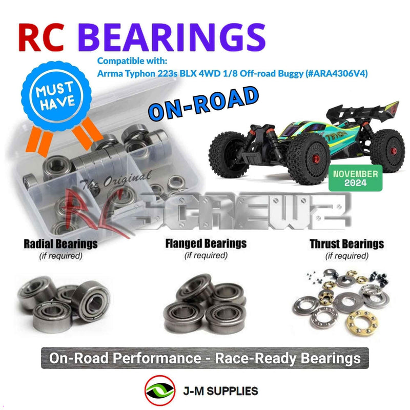 Representative image of an RCScrewZ metal-shielded bearing kit for ARRMA TYPHON 223S BLX 1/8 4WD Buggy (ARA4306V4); exact bearing sizes and quantities vary by RC model.