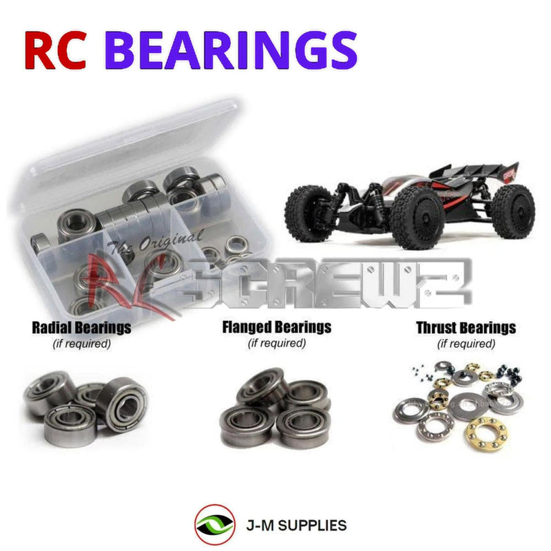 Representative image of an RCScrewZ metal-shielded bearing kit for ARRMA TYPHON GROM 223S BLX 1/14 4WD Buggy (ARA2306); exact bearing sizes and quantities vary by RC model.