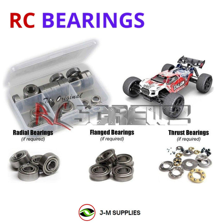 Representative image of an RCScrewZ metal-shielded bearing kit for ARRMA TALION 6S BLX 1/8 Electric 4WD Truggy (AR106030); exact bearing sizes and quantities vary by RC model.