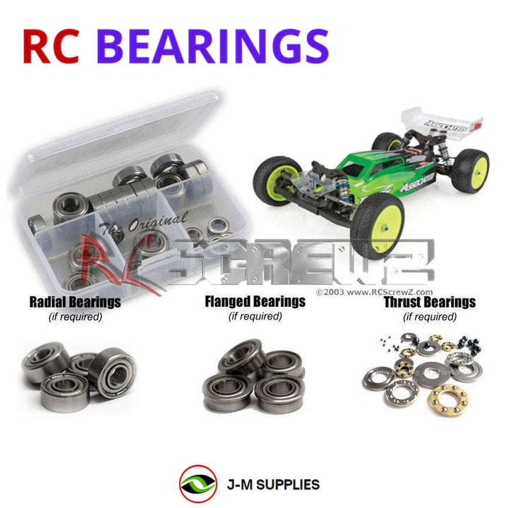Representative image of an RCScrewZ metal-shielded bearing kit for Team Associated RC10B6.2D 1/10 2WD Dirt Buggy (90024); exact bearing sizes and quantities vary by RC model.