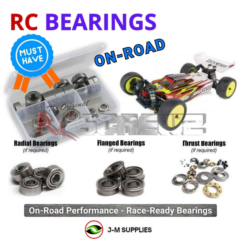 Representative image of an RCScrewZ metal-shielded bearing kit for Team Associated RC10B74.2D 1/10 4WD Buggy (90037, ASC90037); exact bearing sizes and quantities vary by RC model.