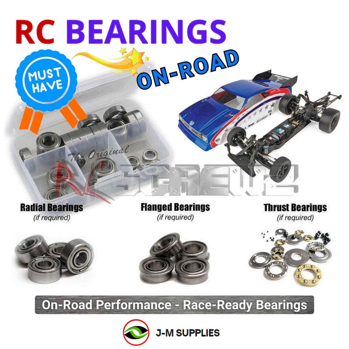 Representative image of an RCScrewZ metal-shielded bearing kit for Team Associated DR10M 1/10 2WD Mid-Motor No-Prep Drag Car (70029); exact bearing sizes and quantities vary by RC model.