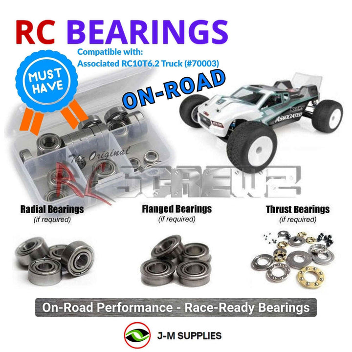 Representative image of an RCScrewZ metal-shielded bearing kit for Team Associated RC10T6.2 1/10 2WD Stadium Truck (70003); exact bearing sizes and quantities vary by RC model.