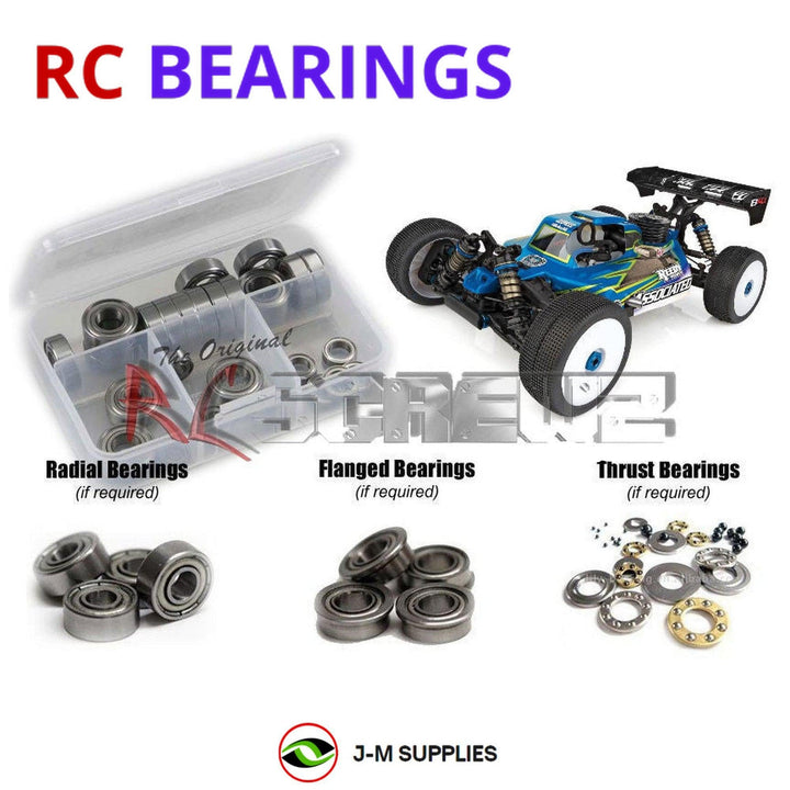 Representative image of an RCScrewZ metal-shielded bearing kit for Team Associated RC8B4.1 1/8 Nitro 4WD Buggy (80949, ASC80949); exact bearing sizes and quantities vary by RC model.