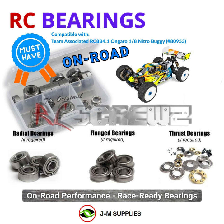 Representative image of an RCScrewZ metal-shielded bearing kit for Team Associated RC8B4.1 Ongaro 1/8 Nitro Buggy (80953); exact bearing sizes and quantities vary by RC model.