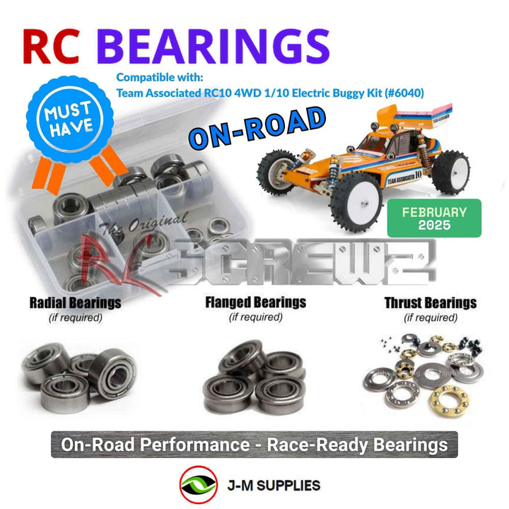 Representative image of an RCScrewZ metal-shielded bearing kit for Team Associated RC10 4WD Team 1/10 Buggy (6040); exact bearing sizes and quantities vary by RC model.