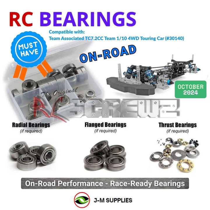Representative image of an RCScrewZ metal-shielded bearing kit for Team Associated TC7.2CC 1/10 4WD Touring Car (30140); exact bearing sizes and quantities vary by RC model.