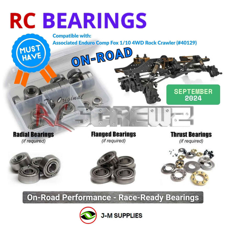 Representative image of an RCScrewZ metal-shielded bearing kit for Team Associated Enduro Comp Fox 1/10 Crawler (40129, ASC40129); exact bearing sizes and quantities vary by RC model.