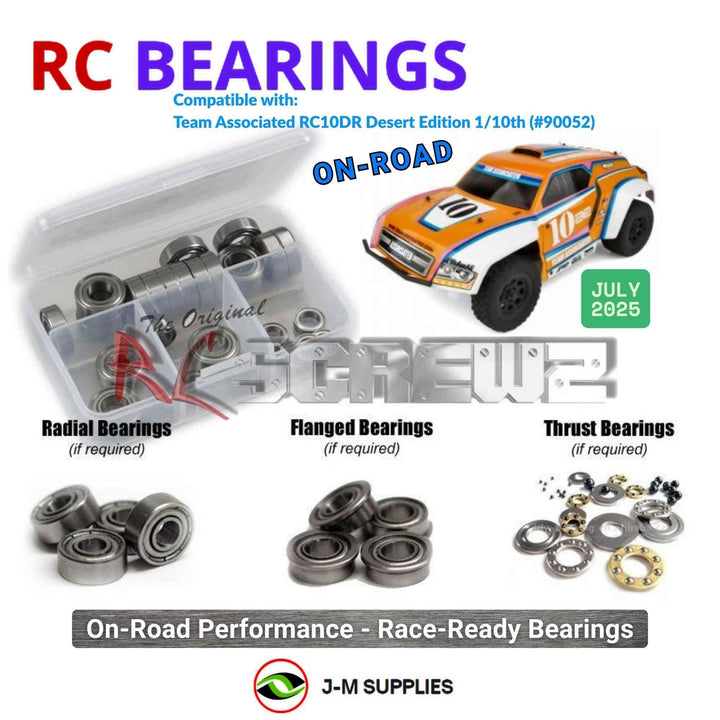 Representative image of an RCScrewZ metal-shielded bearing kit for Team Associated RC10DR 1/10 Electric 2WD Rally (90052, ASC90052); exact bearing sizes and quantities vary by RC model.