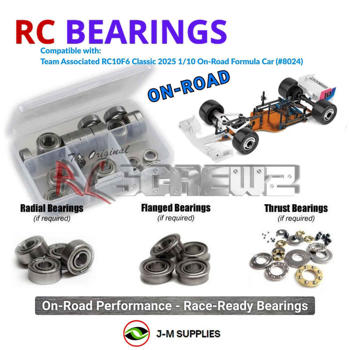 Representative image of an RCScrewZ metal-shielded bearing kit for Team Associated RC10F6 Classic 1/10 2WD Formula (8024, ASC8024); exact bearing sizes and quantities vary by RC model.