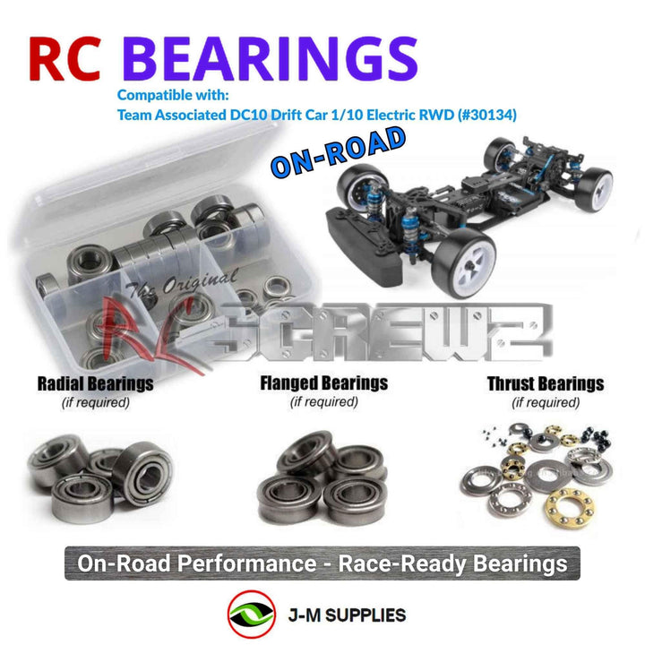 Representative image of an RCScrewZ metal-shielded bearing kit for Team Associated DC10 Drift 1/10 Electric RWD Car (30134, 30133); exact bearing sizes and quantities vary by RC model.