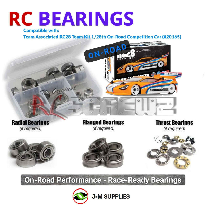 Representative image of an RCScrewZ metal-shielded bearing kit for Team Associated RC28 1/28 2WD Micro Car (20165, ASC20165); exact bearing sizes and quantities vary by RC model.