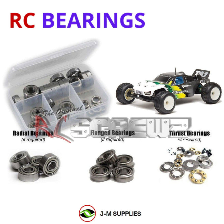 Representative image of an RCScrewZ metal-shielded bearing kit for Team Associated RC10T4 1/10 2WD Truck (7021, 7036); exact bearing sizes and quantities vary by RC model.