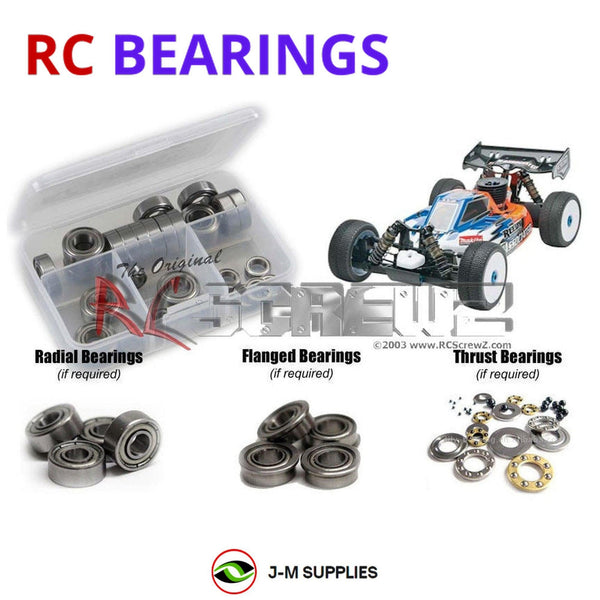 Representative image of an RCScrewZ metal-shielded bearing kit for Team Associated RC8.2 RS RTR 1/8 Nitro 4WD Buggy (80909); exact bearing sizes and quantities vary by RC model.
