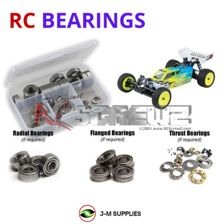 Representative image of an RCScrewZ metal-shielded bearing kit for Team Associated RC10B6D 1/10 2WD Dirt Buggy (90012); exact bearing sizes and quantities vary by RC model.