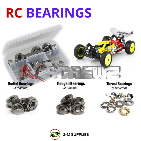 Representative image of an RCScrewZ metal-shielded bearing kit for Team Associated RC10B64D 1/10 4WD Dirt Buggy (90015); exact bearing sizes and quantities vary by RC model.