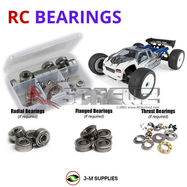 Representative image of an RCScrewZ metal-shielded bearing kit for Team Associated RC8T3.1e 1/8 Electric 4WD Truggy (80938); exact bearing sizes and quantities vary by RC model.