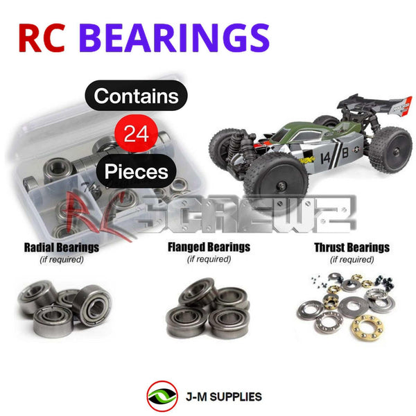 Representative image of an RCScrewZ metal-shielded bearing kit for Team Associated 14B 1/14 Electric 4WD Buggy (20175, 20175C); exact bearing sizes and quantities vary by RC model.