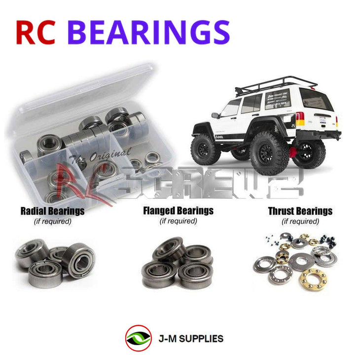 Representative image of an RCScrewZ metal-shielded bearing kit for Axial SCX10 II Cherokee 1/10 Electric 4WD Crawler (90046); exact bearing sizes and quantities vary by RC model.