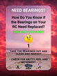 Infographic: 'Need Bearings? How to Check Your RC's Bearings for Replacement' – Instructions to remove, clean, and inspect bearings for gritty texture or improper movement, indicating the need for replacement - cen001b