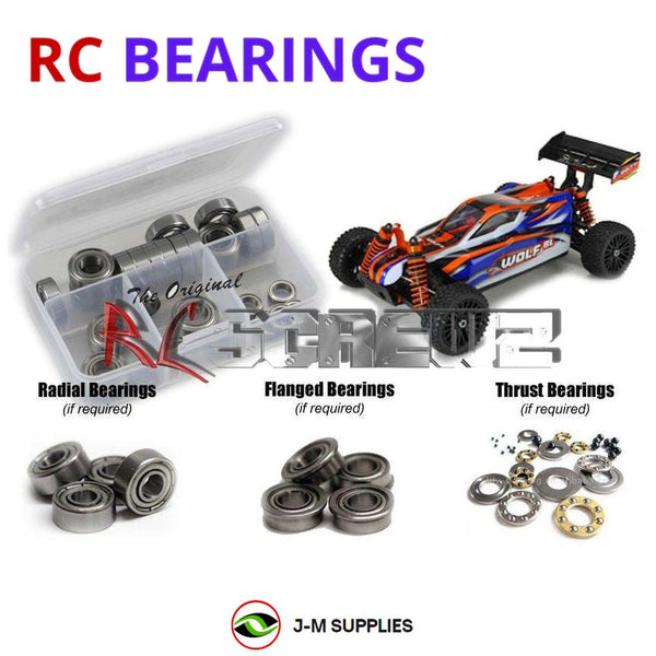 Representative image of an RCScrewZ metal-shielded bearing kit for DHK Hobby Wolf BL 1/10th Buggy; exact bearing sizes and quantities vary by RC model.