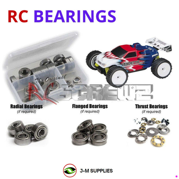 Representative image of an RCScrewZ metal-shielded bearing kit for Duratrax Vendetta ST; exact bearing sizes and quantities vary by RC model.