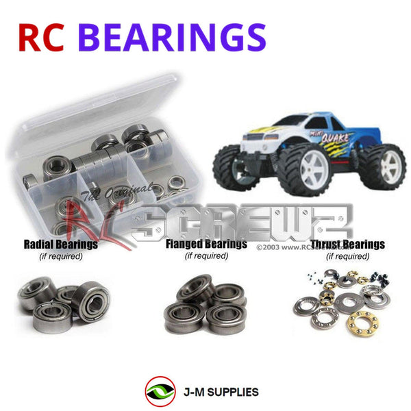 Representative image of an RCScrewZ metal-shielded bearing kit for Duratrax Mini Quake SE; exact bearing sizes and quantities vary by RC model.