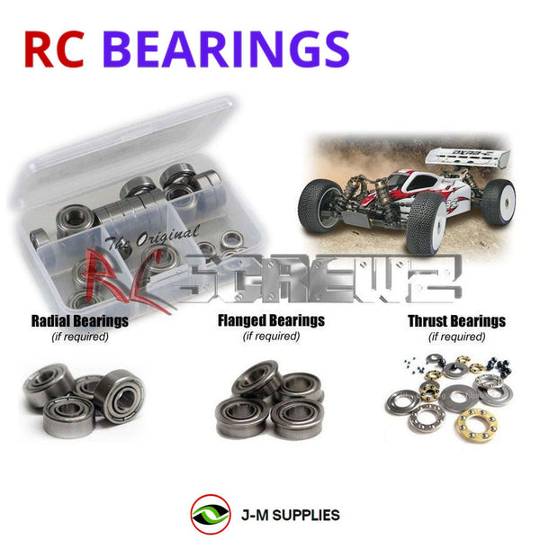 Representative image of an RCScrewZ metal-shielded bearing kit for Duratrax DXR8-e RTR 1/8 Buggy; exact bearing sizes and quantities vary by RC model.
