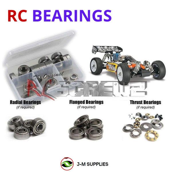 Representative image of an RCScrewZ metal-shielded bearing kit for Duratrax 835B Nitro 1/8th Buggy; exact bearing sizes and quantities vary by RC model.