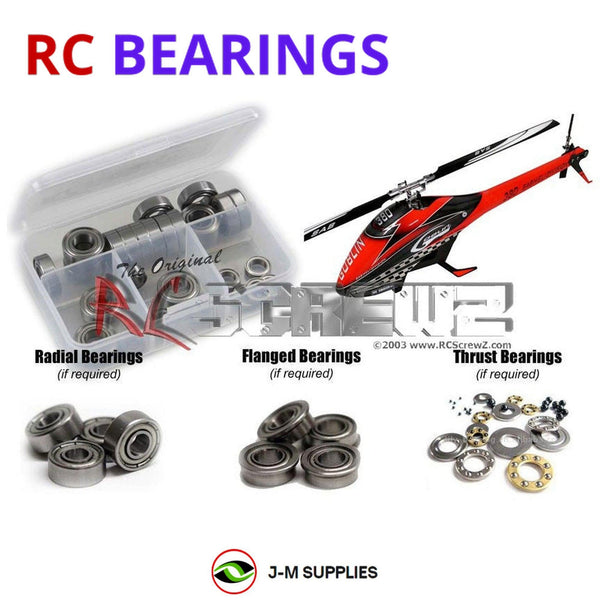 Representative image of an RCScrewZ metal-shielded bearing kit for Goblin 380 Series Helicopter; exact bearing sizes and quantities vary by RC model.