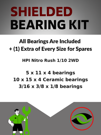 Representative image of an RCScrewZ metal-shielded bearing kit for HPI Racing Nitro Rush 1/10 Nitro 2WD Stadium Truck (560, 564); exact bearing sizes and quantities vary by RC model.
