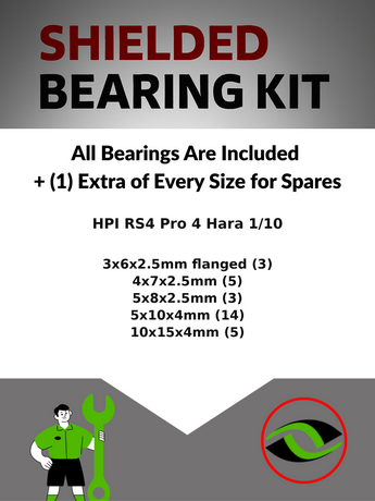Representative image of an RCScrewZ metal-shielded bearing kit for HPI Racing RS4 Pro 4 Hara 1/10 Electric Touring (185, 187); exact bearing sizes and quantities vary by RC model.