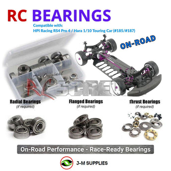 Representative image of an RCScrewZ metal-shielded bearing kit for HPI Racing RS4 Pro 4 Hara 1/10 Electric Touring (185, 187); exact bearing sizes and quantities vary by RC model.