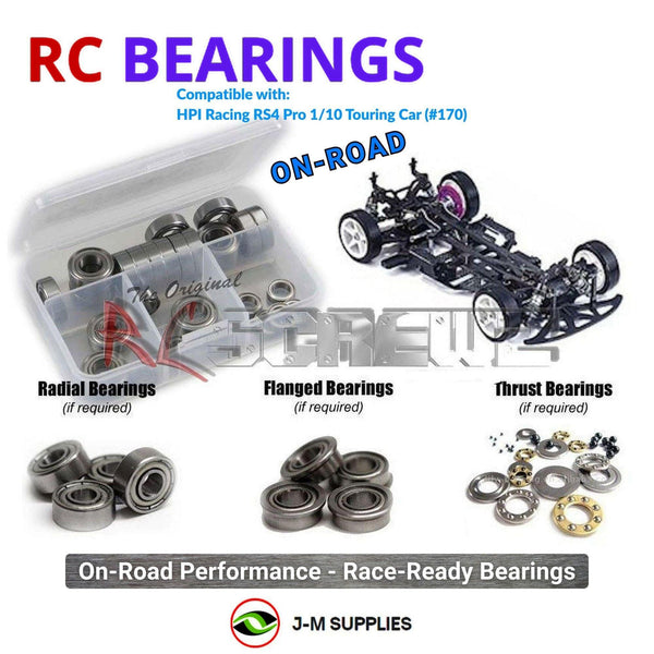 Representative image of an RCScrewZ metal-shielded bearing kit for HPI Racing RS4 Pro 1/10 Electric 4WD Touring Car (170); exact bearing sizes and quantities vary by RC model.
