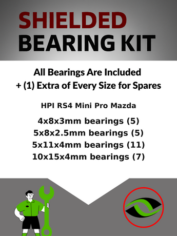 Representative image of an RCScrewZ metal-shielded bearing kit for HPI Racing RS4 Mini Pro Mazda MX-5 Miata 1/10 4WD (296); exact bearing sizes and quantities vary by RC model.
