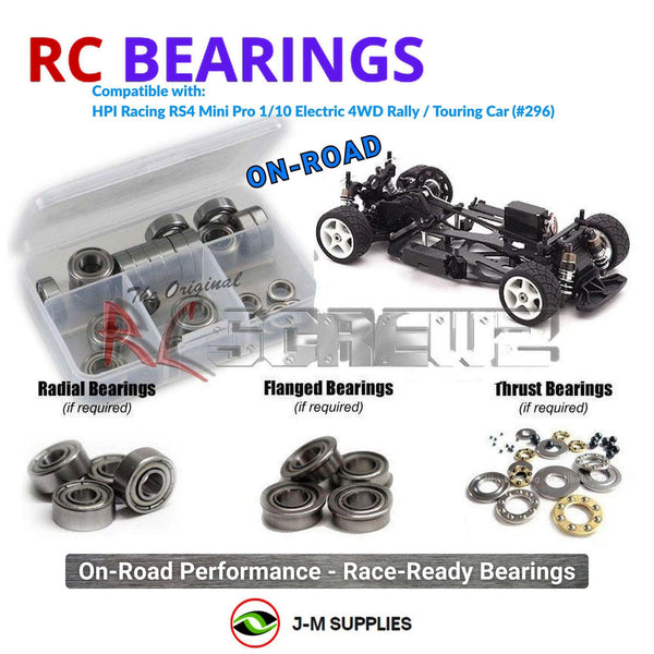 Representative image of an RCScrewZ metal-shielded bearing kit for HPI Racing RS4 Mini Pro Mazda MX-5 Miata 1/10 4WD (296); exact bearing sizes and quantities vary by RC model.