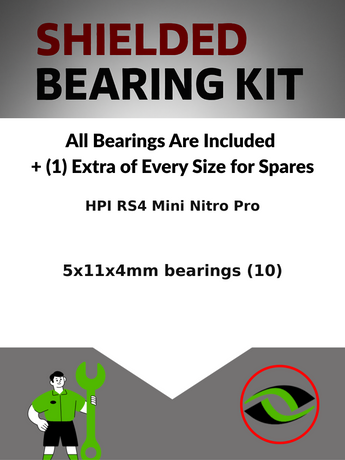 Representative image of an RCScrewZ metal-shielded bearing kit for HPI Racing RS4 Mini Nitro Pro 1/10 Rally/Touring Car; exact bearing sizes and quantities vary by RC model.