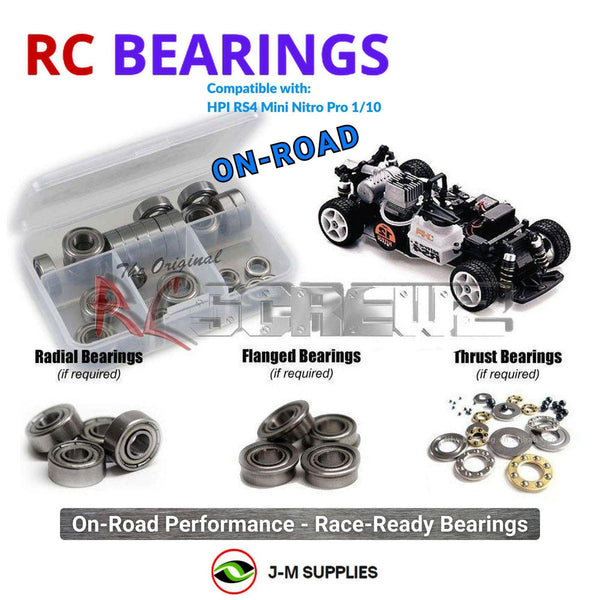 Representative image of an RCScrewZ metal-shielded bearing kit for HPI Racing RS4 Mini Nitro Pro 1/10 Rally/Touring Car; exact bearing sizes and quantities vary by RC model.