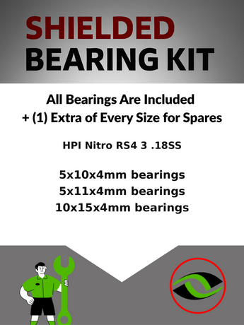 Representative image of an RCScrewZ metal-shielded bearing kit for HPI Racing Nitro RS4 3 .18SS 1/10 Nitro 4WD On-Road Touring Car; exact bearing sizes and quantities vary by RC model.