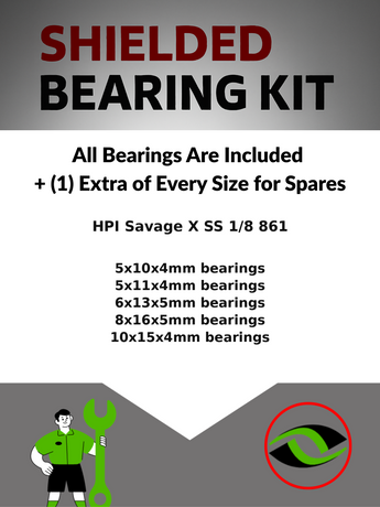 Representative image of an RCScrewZ metal-shielded bearing kit for HPI Savage X SS 1/8 Nitro 4WD Monster Truck (861); exact bearing sizes and quantities vary by RC model.