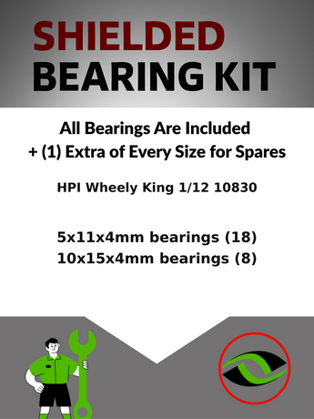Representative image of an RCScrewZ metal-shielded bearing kit for HPI Wheely King 1/12 Electric 4WD Monster Truck (10830, 87602); exact bearing sizes and quantities vary by RC model.