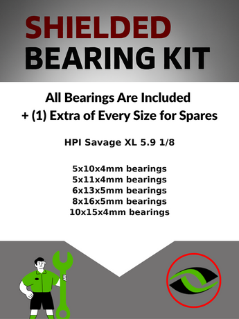 Representative image of an RCScrewZ metal-shielded bearing kit for HPI Savage XL 5.9 Big Block RTR 1/8 Nitro 4WD (104246, HPI104246); exact bearing sizes and quantities vary by RC model.