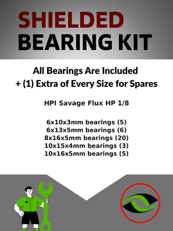 Representative image of an RCScrewZ metal-shielded bearing kit for HPI Racing Savage Flux HP 1/8 Electric 4WD Truck (104240); exact bearing sizes and quantities vary by RC model.