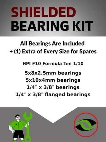 Representative image of an RCScrewZ metal-shielded bearing kit for HPI F10 Formula Ten 1/10 Electric 2WD Formula One Car (102851); exact bearing sizes and quantities vary by RC model.