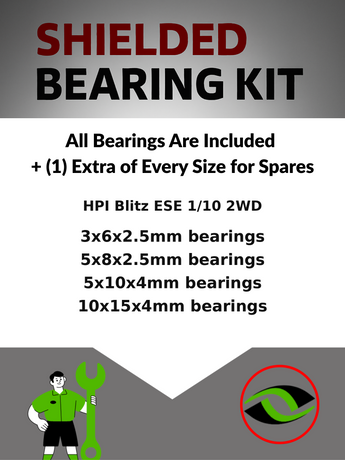 Representative image of an RCScrewZ metal-shielded bearing kit for HPI Blitz ESE 1/10 Electric 2WD Short Course Truck (104558); exact bearing sizes and quantities vary by RC model.