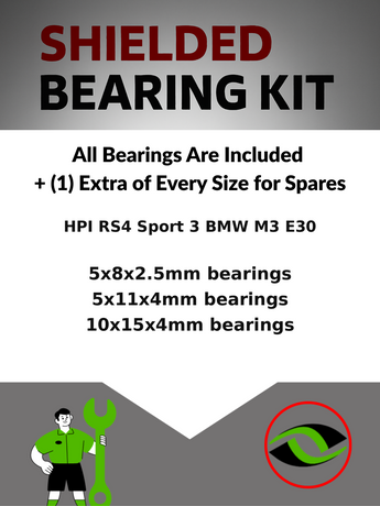 Representative image of an RCScrewZ metal-shielded bearing kit for HPI RS4 Sport 3 BMW M3 E30 1/10 Electric 4WD Touring (114343); exact bearing sizes and quantities vary by RC model.