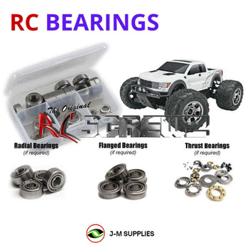 Representative image of an RCScrewZ metal-shielded bearing kit for HPI Savage XS Flux Ford F-150 SVT Raptor 1/12 Elec 4WD (115125); exact bearing sizes and quantities vary by RC model.