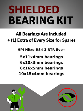 Representative image of an RCScrewZ metal-shielded bearing kit for HPI Nitro RS4 3 RTR Evo+ 1/10 Nitro 4WD Touring (105936, 105944); exact bearing sizes and quantities vary by RC model.