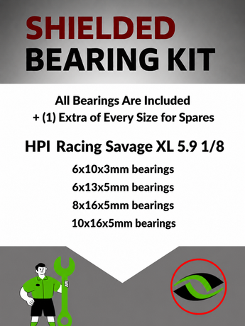Representative image of an RCScrewZ metal-shielded bearing kit for HPI Savage XL 5.9 GTXL-6 1/8 Nitro 4WD Monster Truck (160102); exact bearing sizes and quantities vary by RC model.