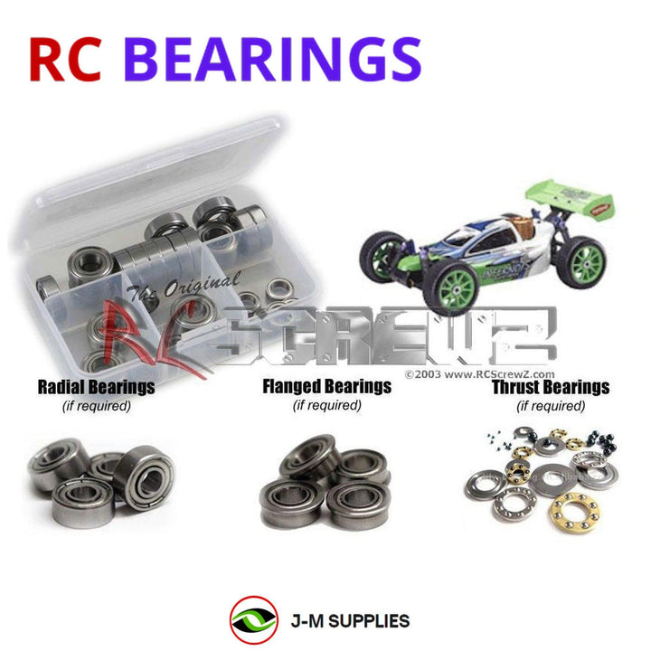 Representative image of an RCScrewZ metal-shielded bearing kit for Kyosho MP7.5 Kanai 1/8 Nitro 4WD Buggy (31191); exact bearing sizes and quantities vary by RC model.
